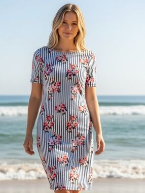 NEW! L Striped Floral Midi Dress in Pink and White 4374